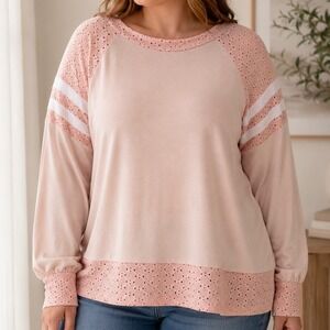 Sugarfox 1X Blush Eyelet Colorblock Sweatshirt Top Casual Boho Cottagecore